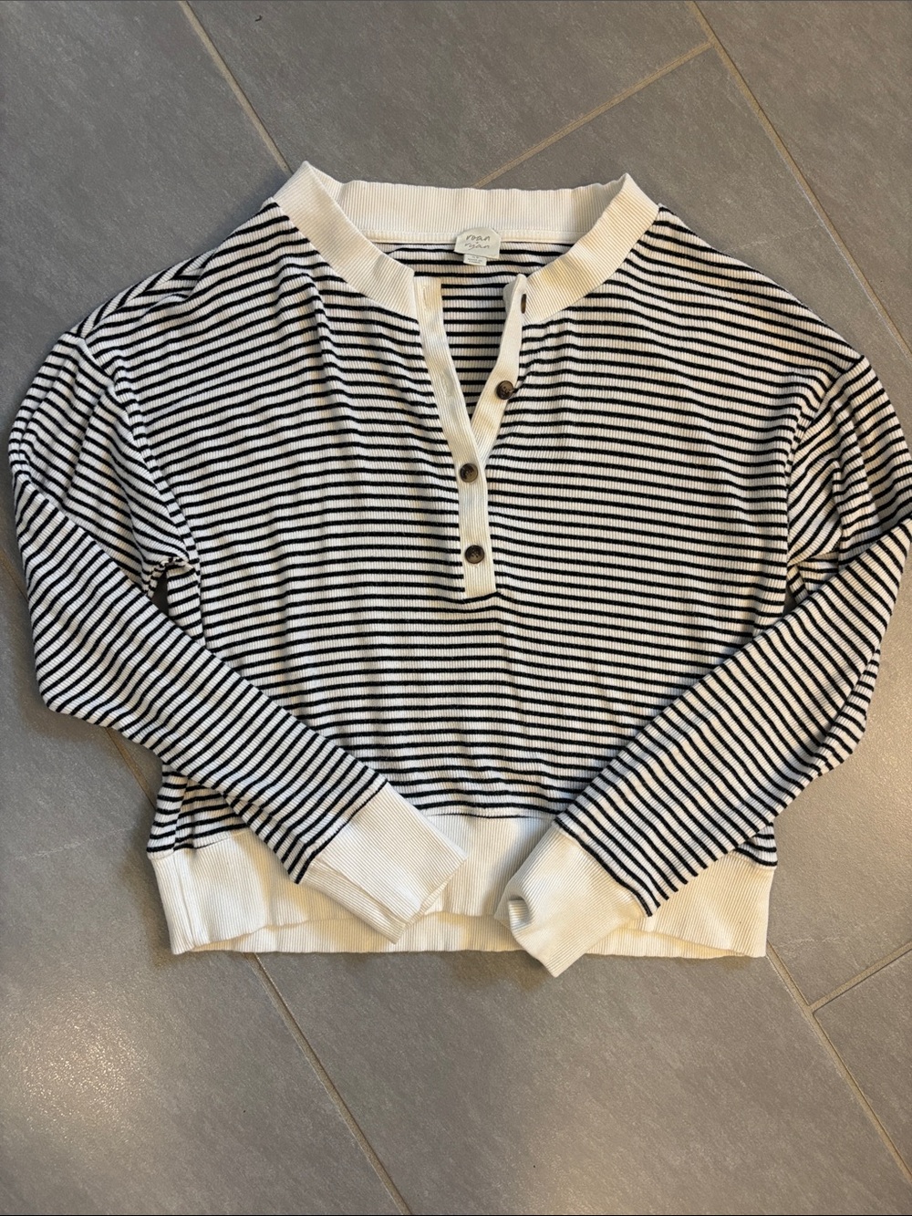 Striped Henley Top with Button Placket - Black & White